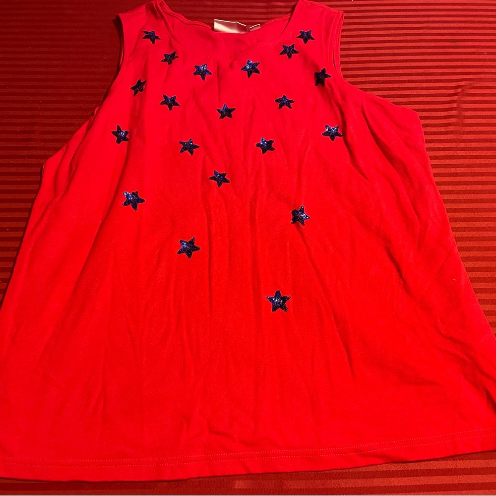 Pre-Owned Red Quacker Factory Sequined USA Patriotic 4th of July Tank Top